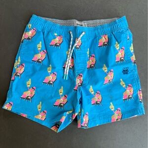 Party Pants Swim Trunks, Size Medium, 5” Inseam, Blue Hot Dog Print
